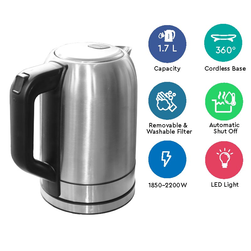 Nobel Kettles Stainless Steel 1.7 Litre Cordless Led Light Boiling Dry Protection Auto Shutoff NK187SS - Image 2